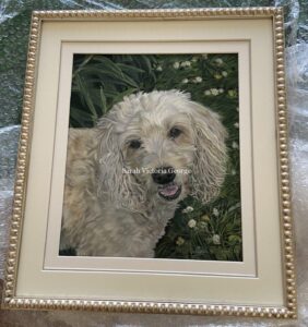 Framed white cockapoo dog portrait in soft pastel