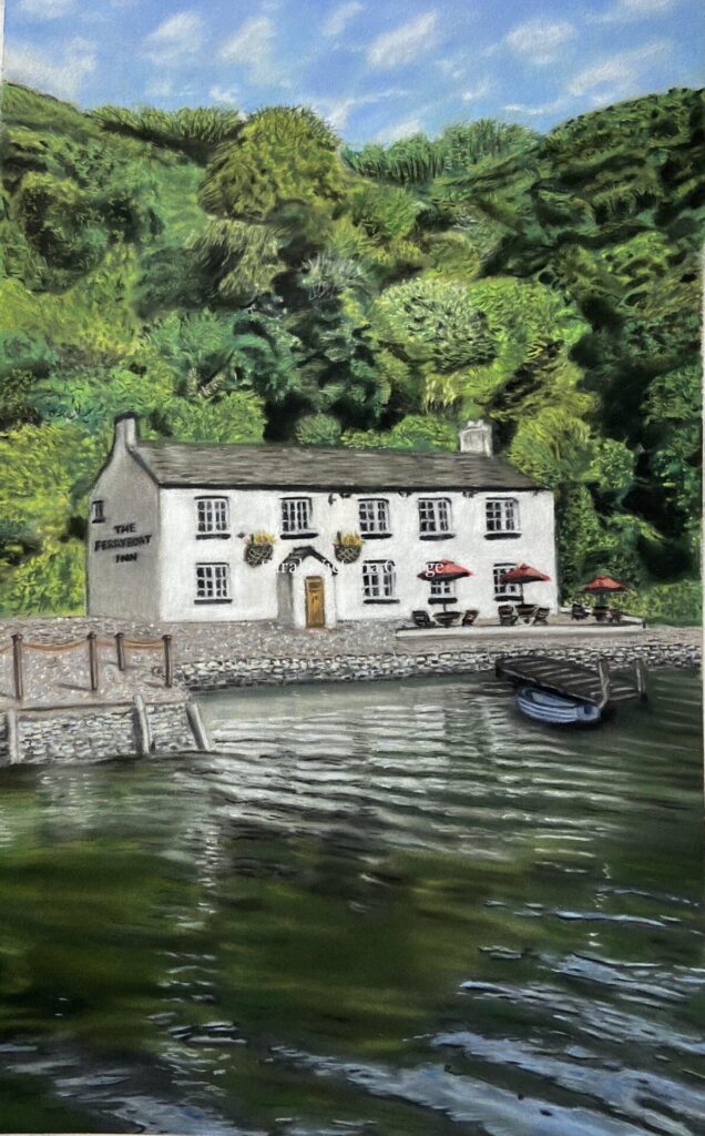 The Ferryboat Inn Mystery, Fictional Novel Book Cover Portrait in Soft Pastel.